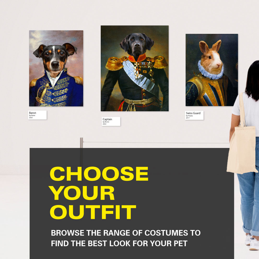 Custom pet portraits. Choose any outfit for your dog, cat, hamster, bearded dragon or rabbit. Turn them into a fun regal art framed canvas print. Choose from a royal, soldier or regal outfit. Upload your animal  image we will design your pet portrait.
