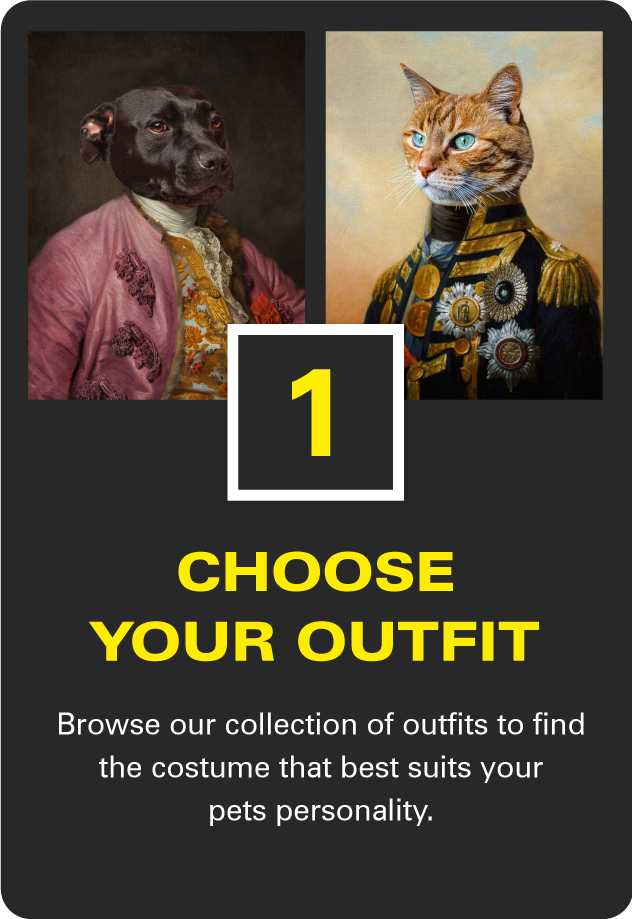 Custom pet portraits. Choose an outfit for your dog, cat, hamster, bearded dragon or rabbit. Turn them into a fun regal art framed canvas print. Choose from a royal, soldier or regal outfit. Upload you animal image we will design your pet portrait.