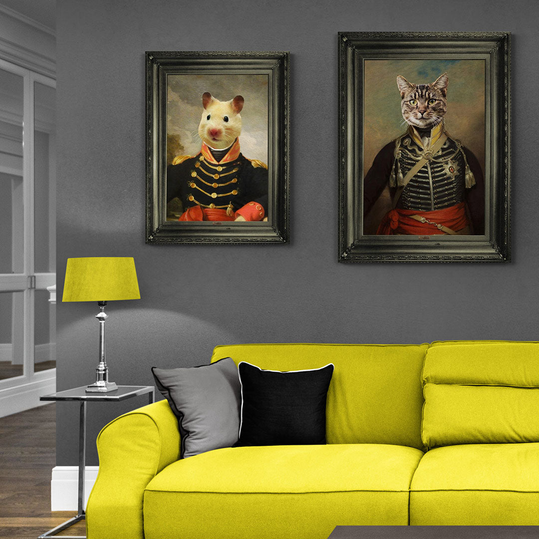 Custom pet portraits. Choose any outfit for your dog, cat, hamster, bearded dragon or rabbit. Turn them into a fun regal art framed canvas print. Choose from a royal, soldier or regal outfit. Upload your animal  image we will design your pet portrait.