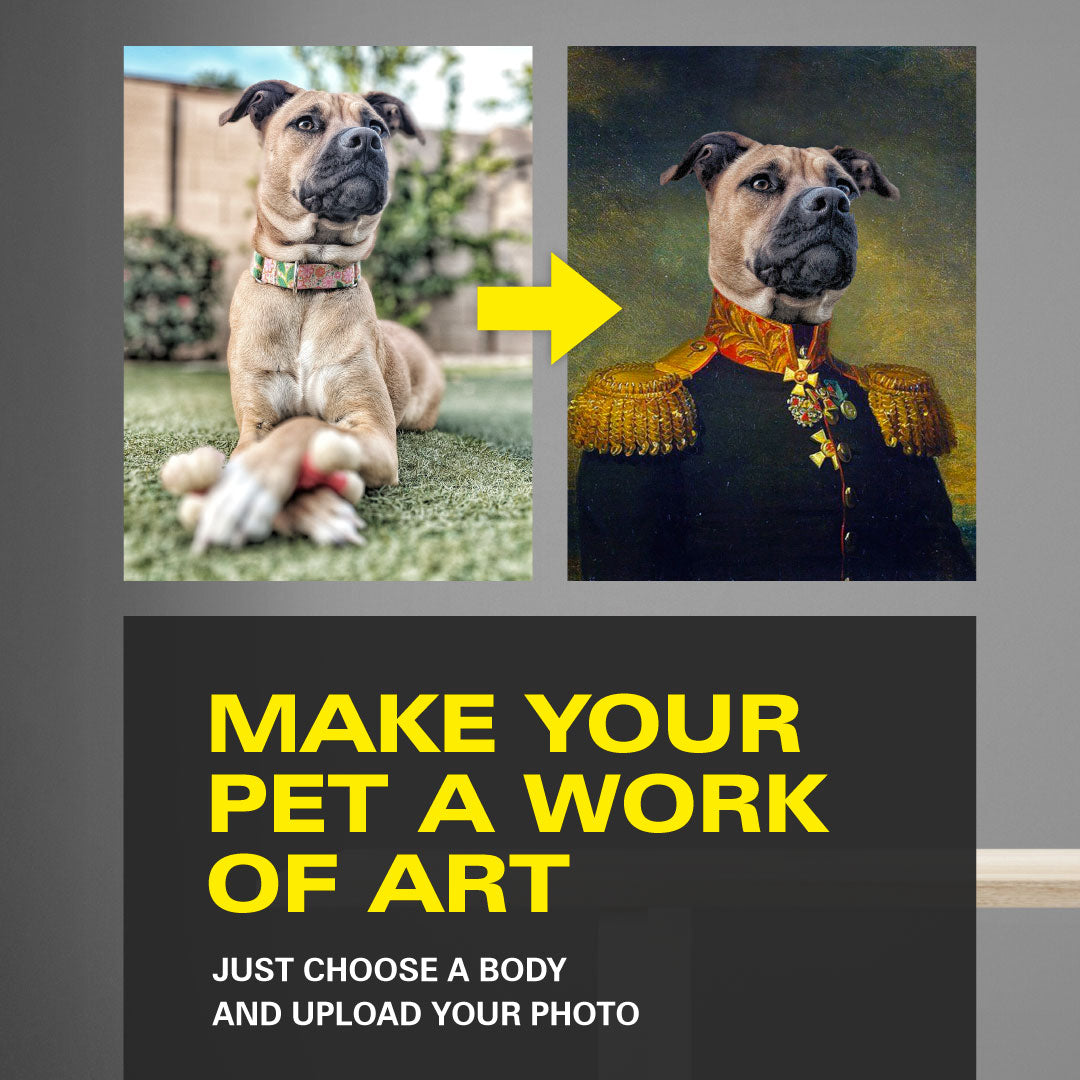 Convert your pet picture to a classic portrait. Custom pet portraits. Choose any outfit for your dog, cat, hamster, bearded dragon or rabbit. Turn them into a fun regal art framed canvas print. Choose from a royal, soldier or regal outfit.
